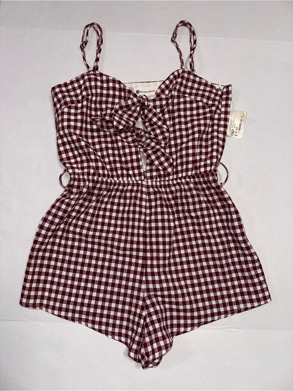 Impeccable Pig Size S Burgundy Red Gingham Romper 2” Inseam Cotton Cottagecore